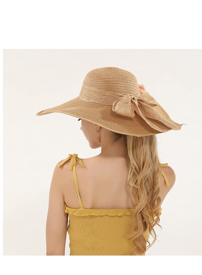 Big Bowknot Straw Hat Large Floppy Foldable Roll up Beach Cap Sun Hat Summer UV Protection Beach Cap