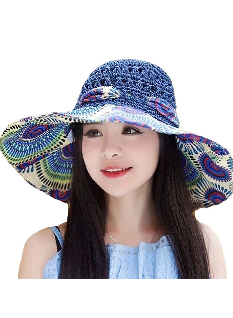 Big Bowknot Straw Sun Hat,  Hobo Floral Floppy Summer Beach Cap with Bow Neck Cover UPF 50+ UV Protection Wide Brim Folding Visor Hat Outdoors