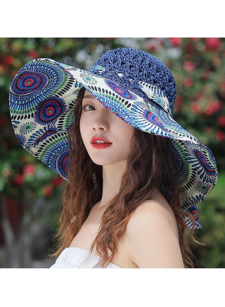 Big Bowknot Straw Sun Hat,  Hobo Floral Floppy Summer Beach Cap with Bow Neck Cover UPF 50+ UV Protection Wide Brim Folding Visor Hat Outdoors