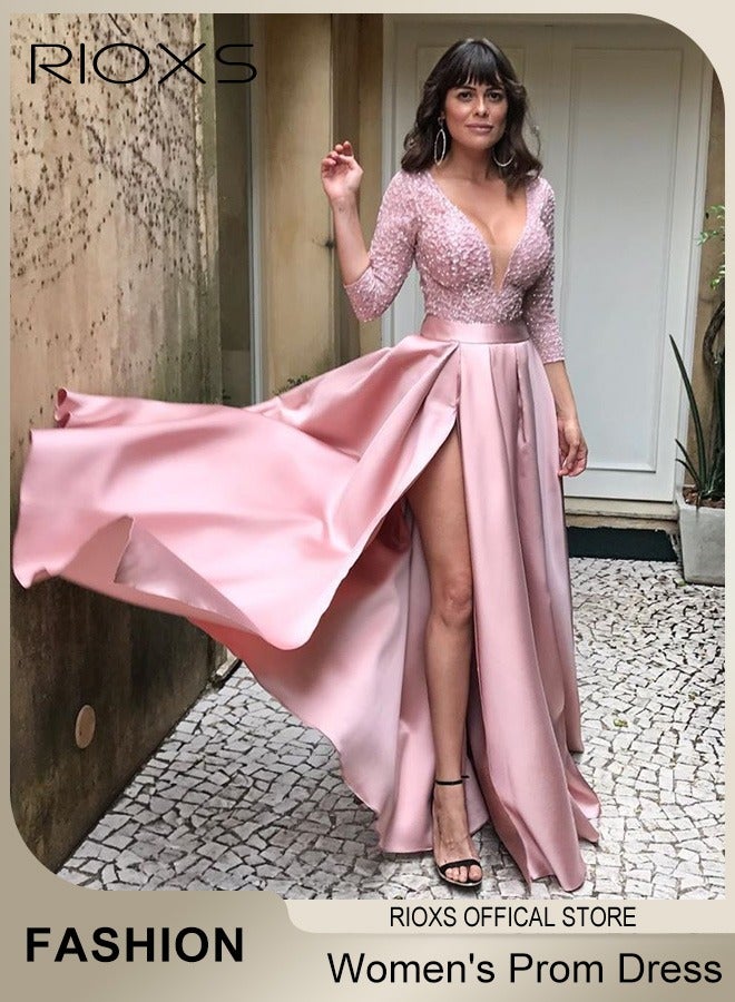 Womens Lace Sequin High Split Large Hem Gown High Waist Slimming Long Dress Elegant Wedding After-party Party Dress for Ladies