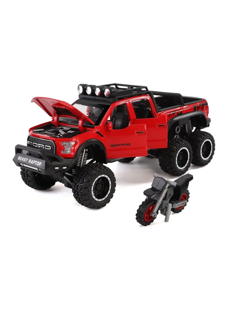 Toy Pickup F150 six-Wheel (Length 8.6 inch) Metal die-cast Model car Sound and Light with Motorcycle Toy car 3 4 5 6 7 8 9 10 11 12 Year Old boy Toy (Red)