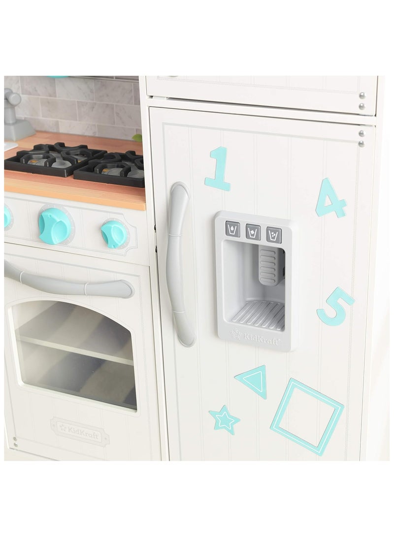 Countryside Toy Kitchen, Wooden Play Kitchen with Fridge Magnets and Kitchen Accessories