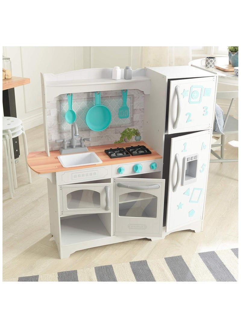 Countryside Toy Kitchen, Wooden Play Kitchen with Fridge Magnets and Kitchen Accessories