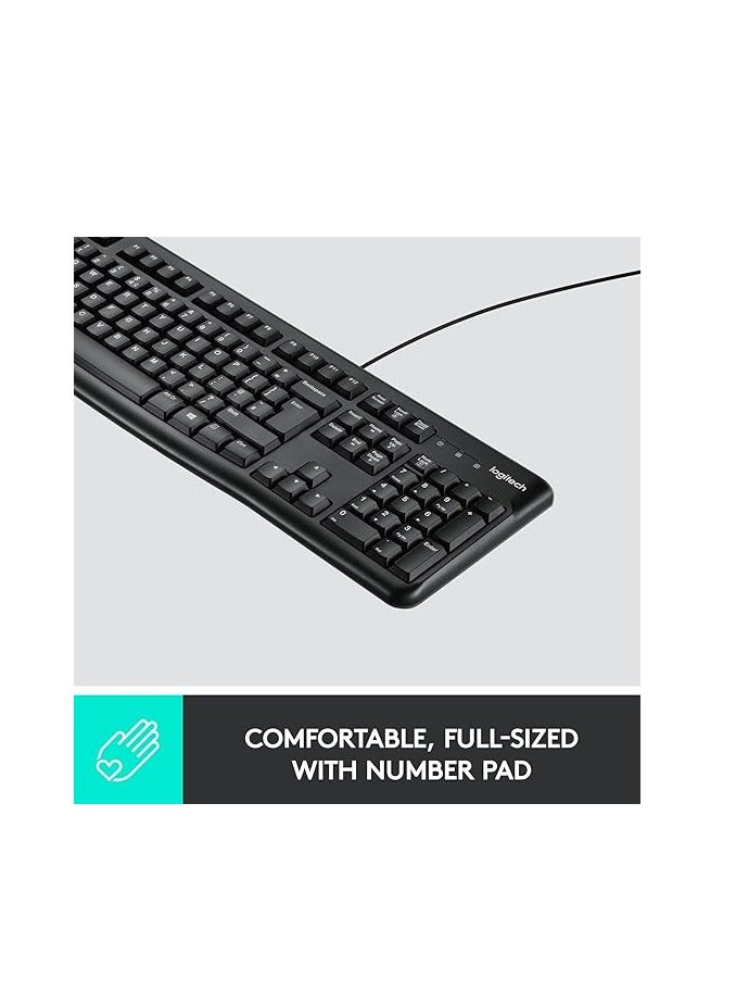 K120 Wired Keyboard for Windows, USB Plug and Play, Full Size, Spill Resistant, Curved Space bar PC / Laptop, English Layout Black