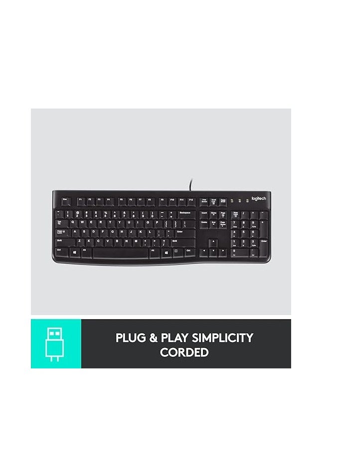 K120 Wired Keyboard for Windows, USB Plug and Play, Full Size, Spill Resistant, Curved Space bar PC / Laptop, English Layout Black