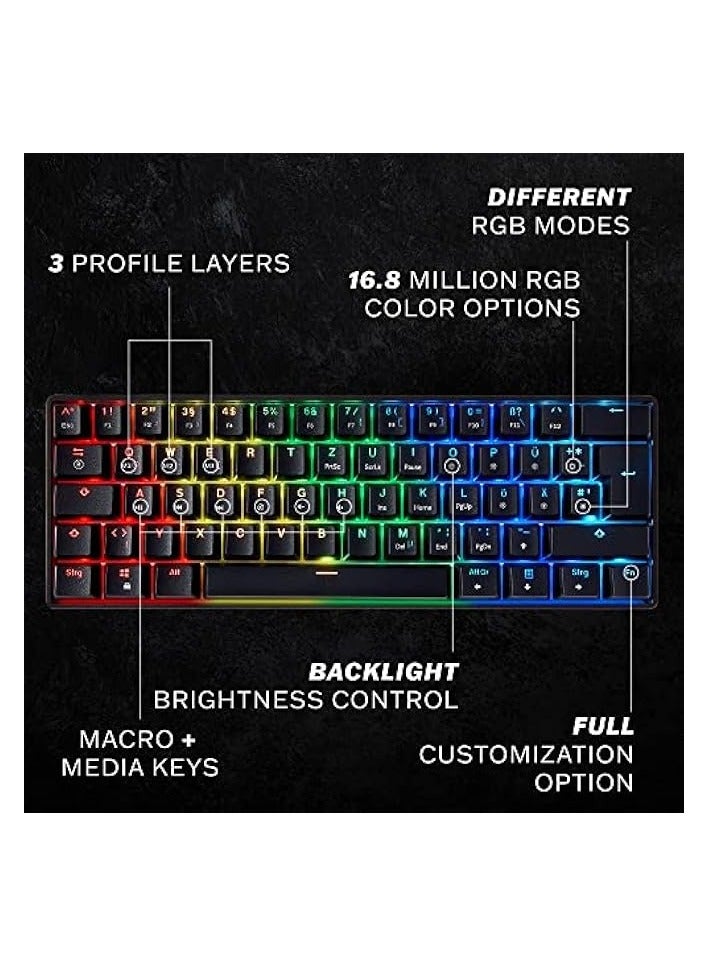 Mechanical Gaming Keyboard - 61 Keys Multi Color RGB Illuminated LED Backlit Wired Programmable for PC/Mac Gamer Tactile (Gateron Optical Brown)