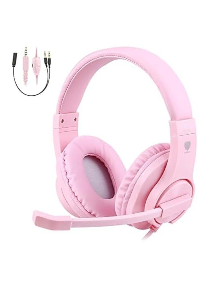 Kids Gaming Headset with Microphone Wired PC Headset with mic Gaming Headphones with Microphone Gamer Headset with Mic Stereo Sound Noise and Cancelling for Switch Computer(Pink)