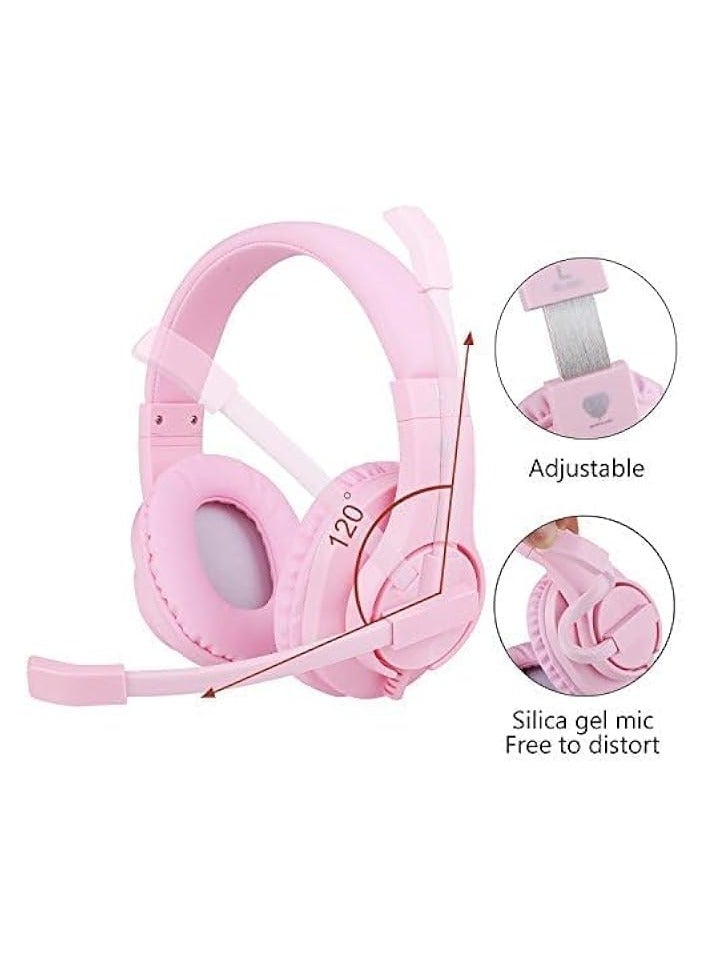 Kids Gaming Headset with Microphone Wired PC Headset with mic Gaming Headphones with Microphone Gamer Headset with Mic Stereo Sound Noise and Cancelling for Switch Computer(Pink)