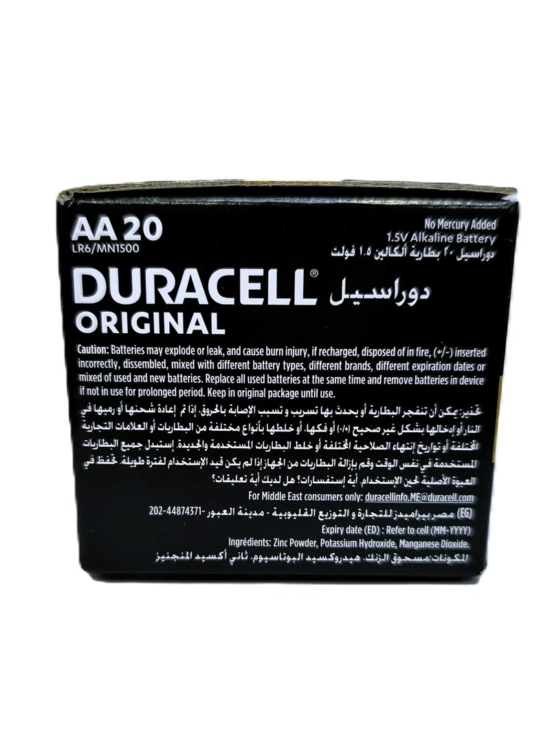 Original AA 1.5V Alkaline Batteries, LR06 / MN1500, Pack of 20