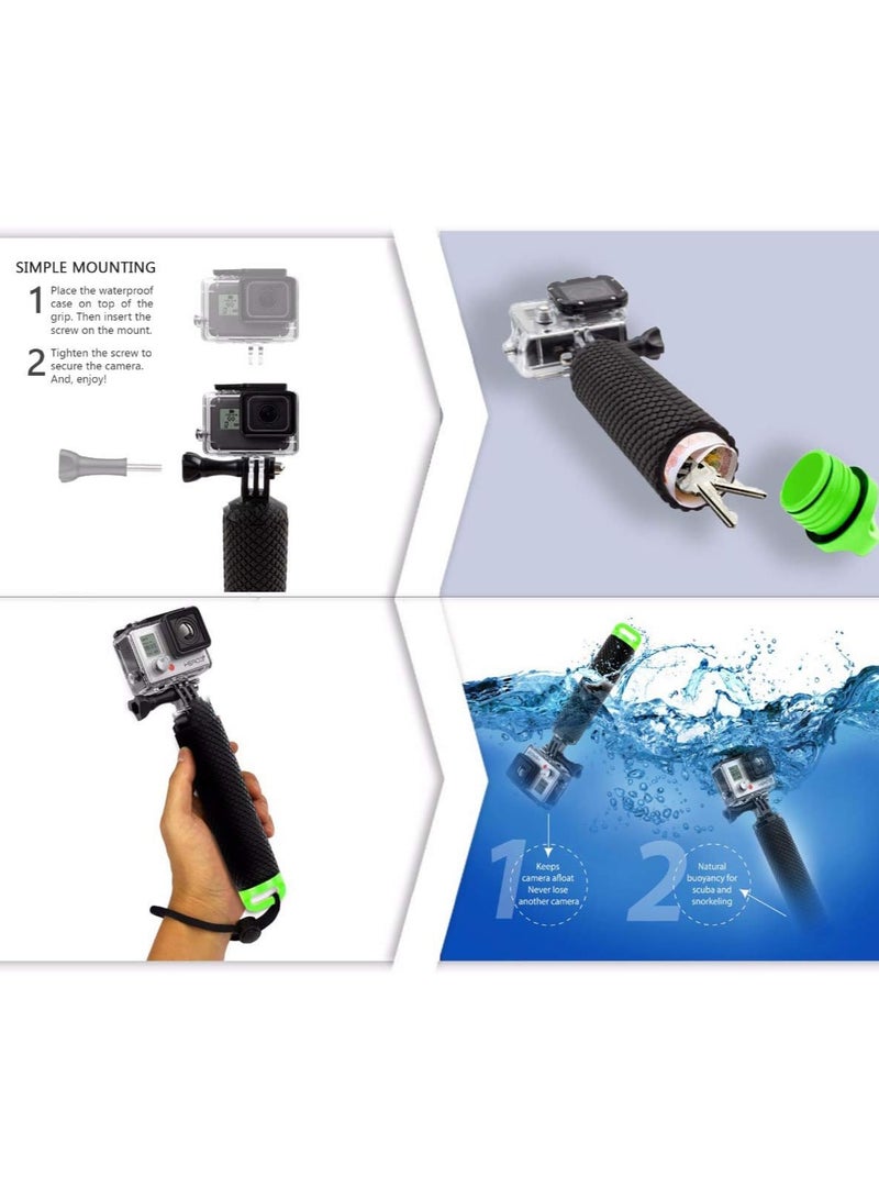 Waterproof Floating Hand Grip Compatible with GoPro Hero 12 11 10 9 8 7 6 5 4 3+ 2 1 Session Black Silver Camera Handler & Handle Mount Accessories Kit for Water Sport and Action Cameras (GREEN)