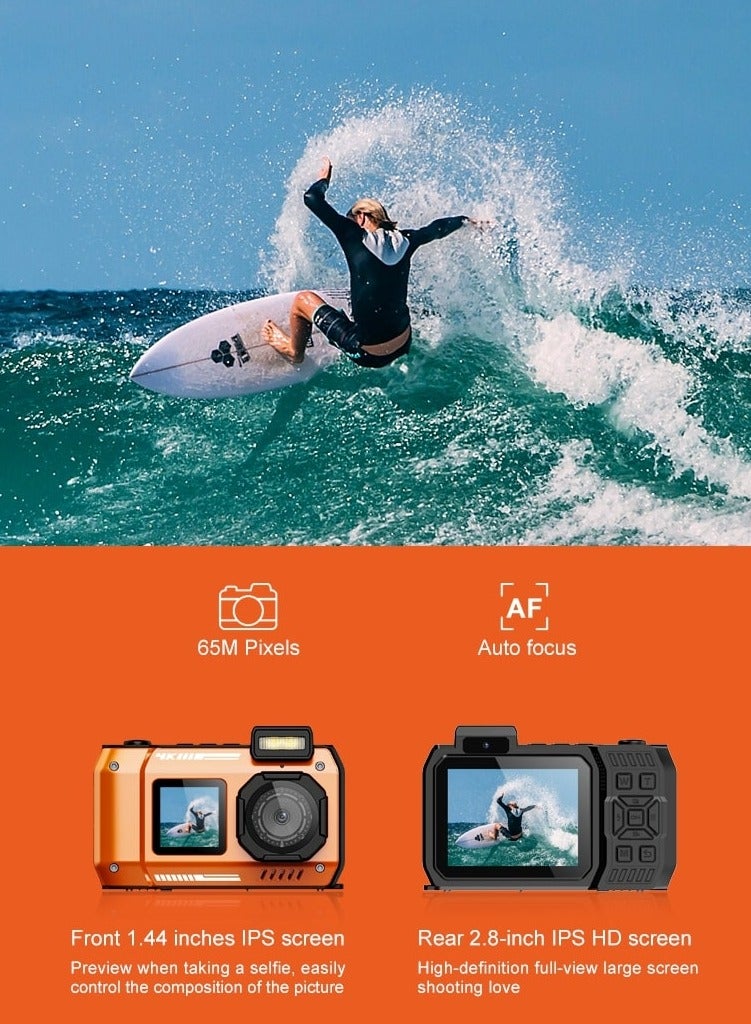 Waterproof Digital Camera Dual Screen & 18x Zoom 48MP Full HD 1080 IP68 Digital Camera - Orange