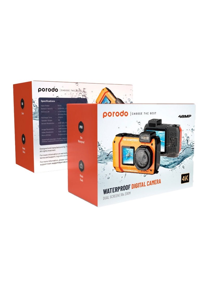 Waterproof Digital Camera Dual Screen & 18x Zoom 48MP Full HD 1080 IP68 Digital Camera - Orange