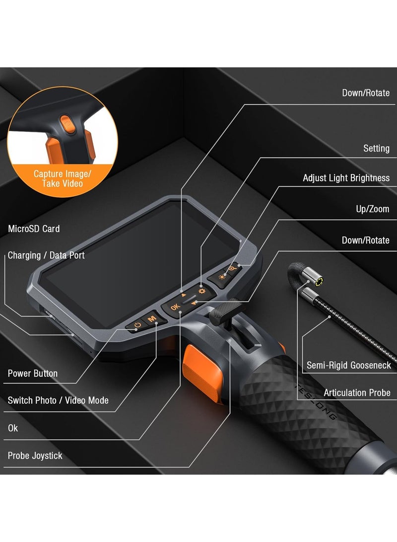 Articulating Endoscope Inspection Camera, 4.5'' IPS Two-Way Inspection Camera with Articulated Probe, Flexible Borescope with Light for Wall/Automotive/Engine Inspect (1.55 Meter/8.5mm)