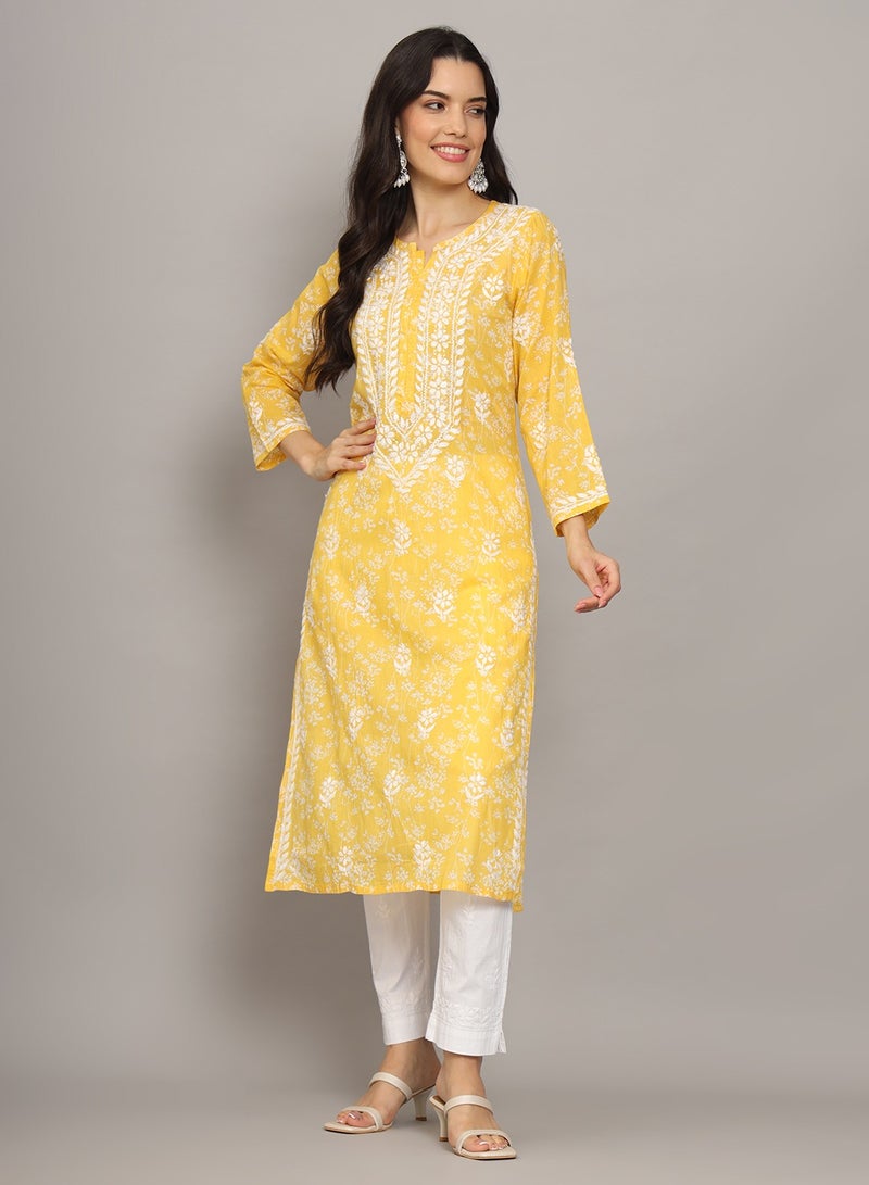 Women Hand Embroidered Chikankari Mulmul Cotton Printed Kurta-AL4041