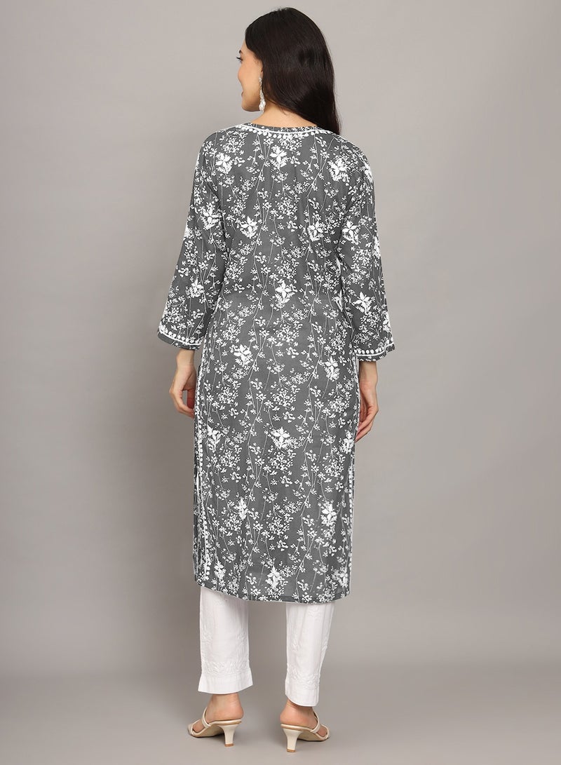 Women Hand Embroidered Chikankari Mulmul Cotton Printed Kurta-AL4041