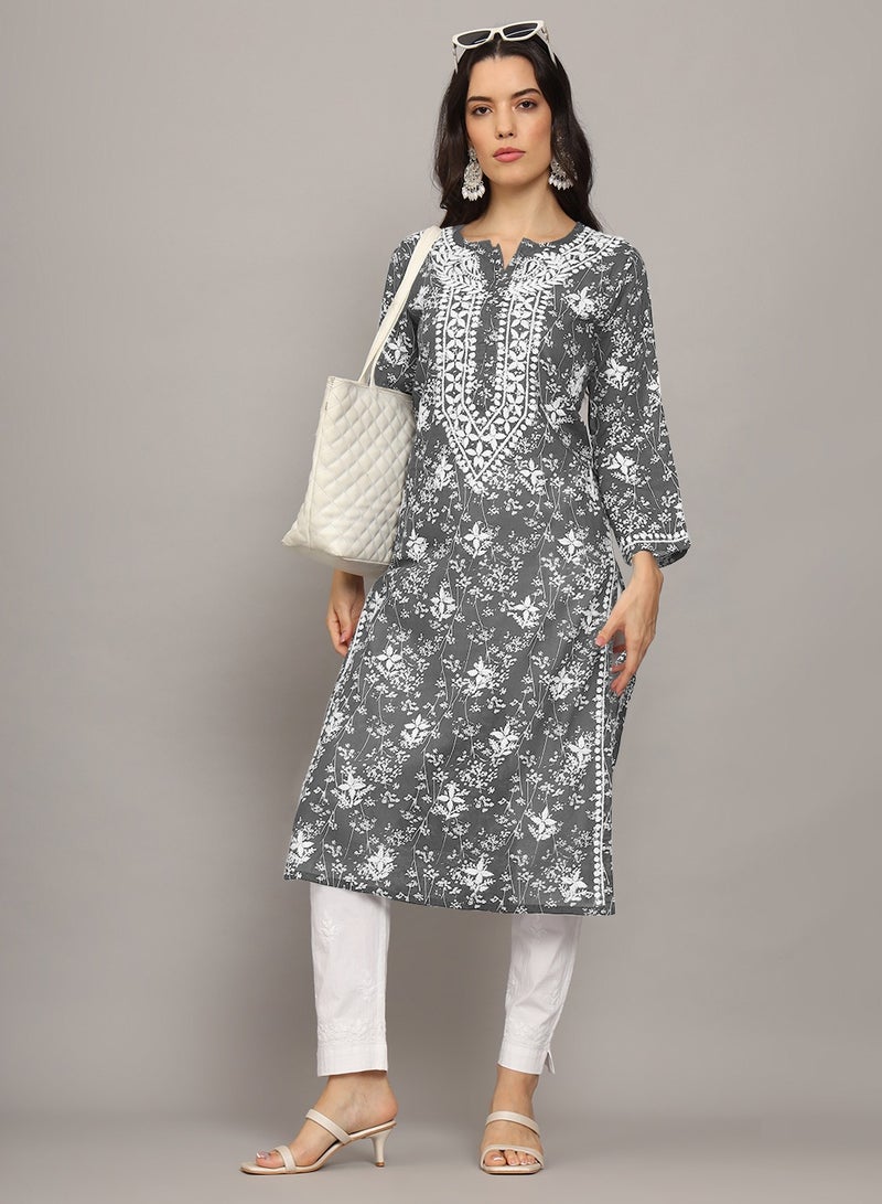 Women Hand Embroidered Chikankari Mulmul Cotton Printed Kurta-AL4041