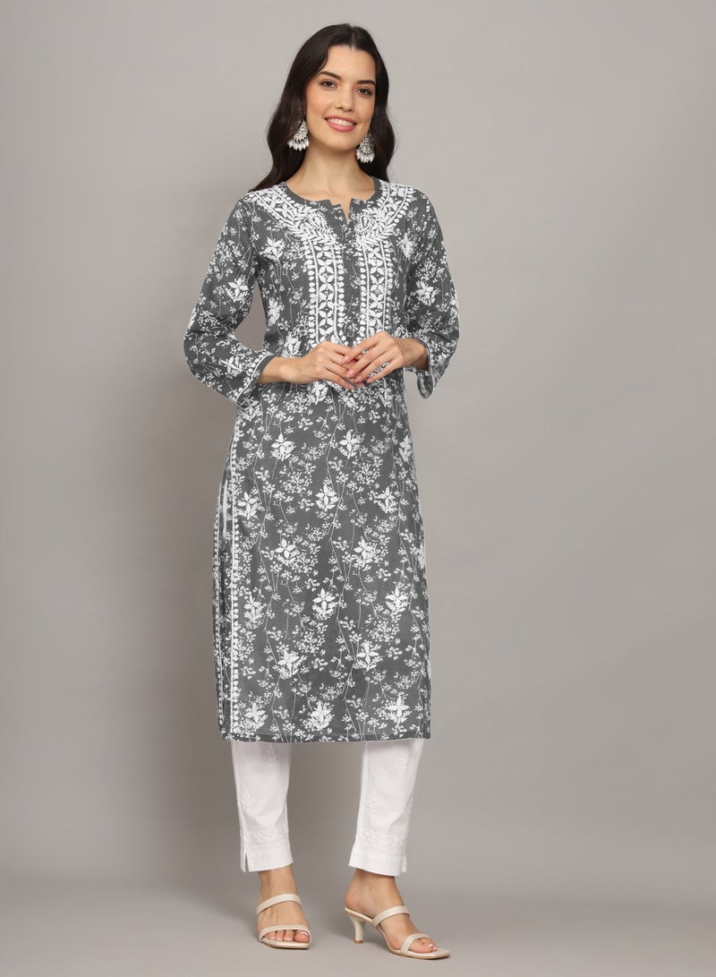 Women Hand Embroidered Chikankari Mulmul Cotton Printed Kurta-AL4041