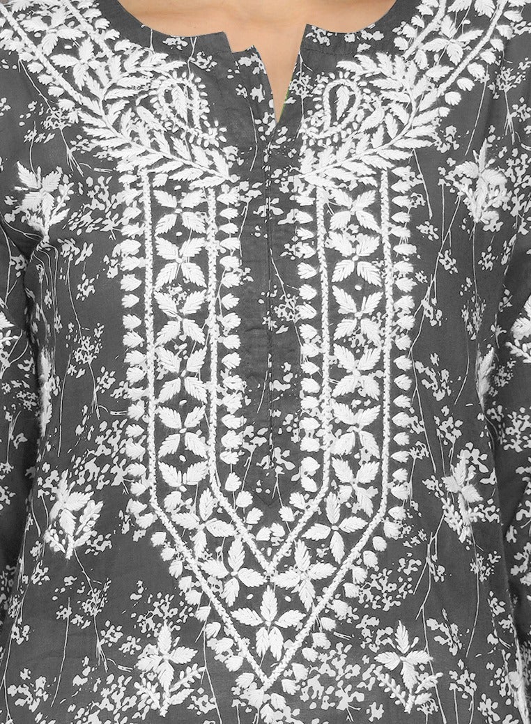 Women Hand Embroidered Chikankari Mulmul Cotton Printed Kurta-AL4041