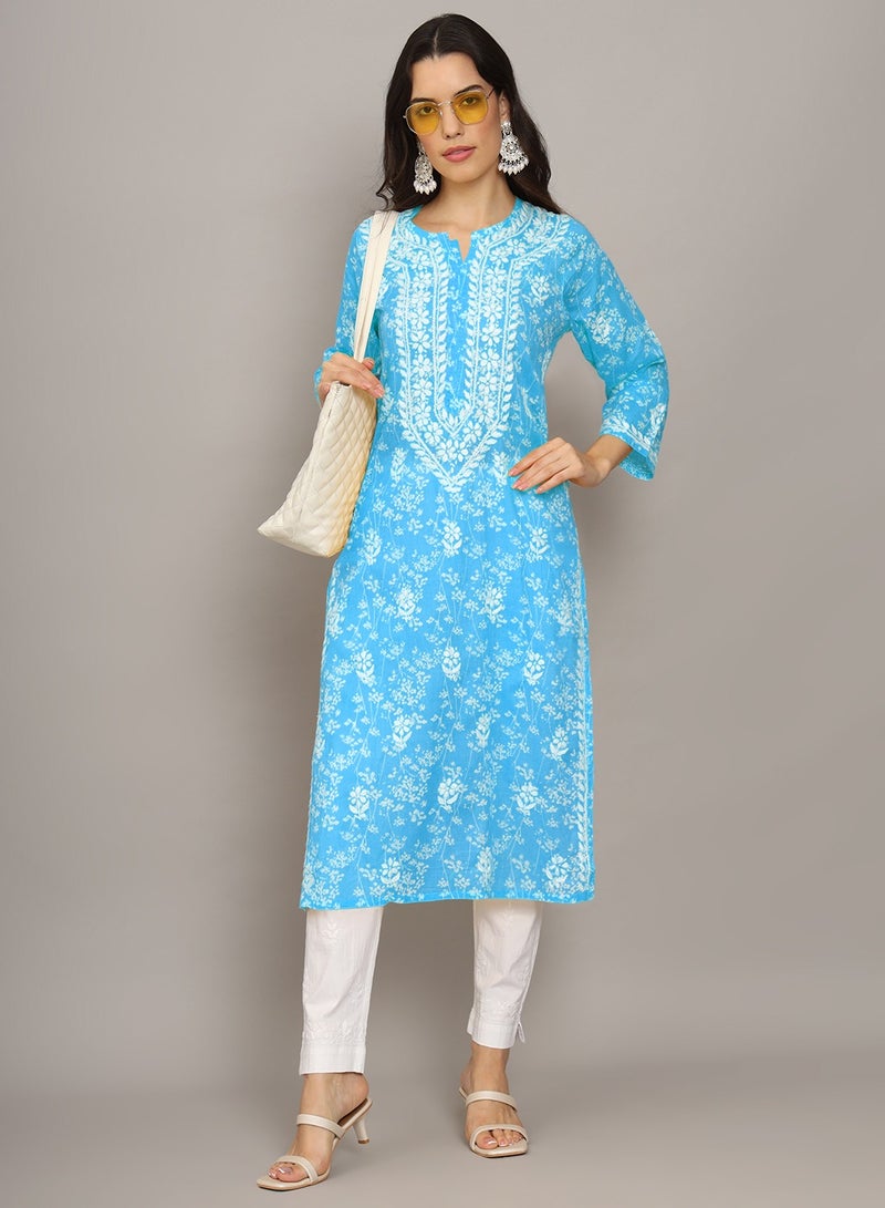 Women Hand Embroidered Chikankari Mulmul Cotton Printed Kurta-AL4041