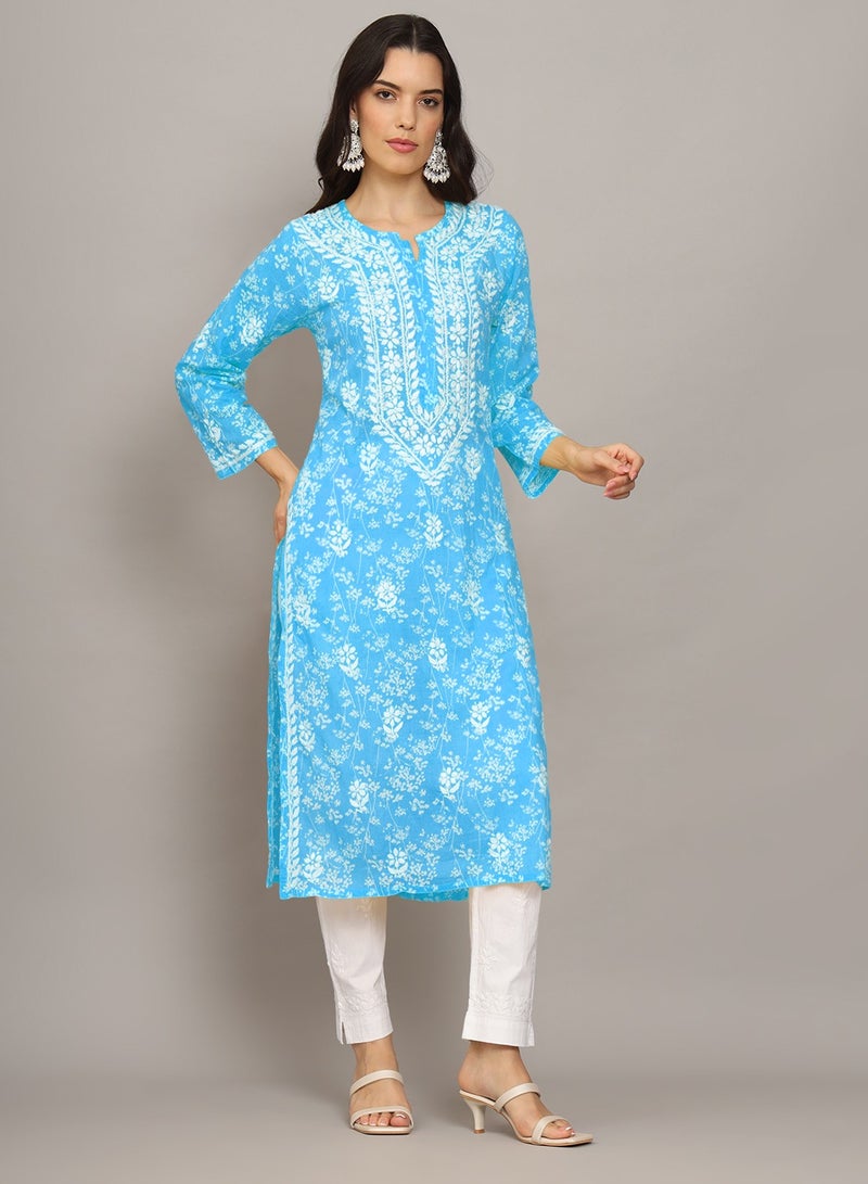 Women Hand Embroidered Chikankari Mulmul Cotton Printed Kurta-AL4041