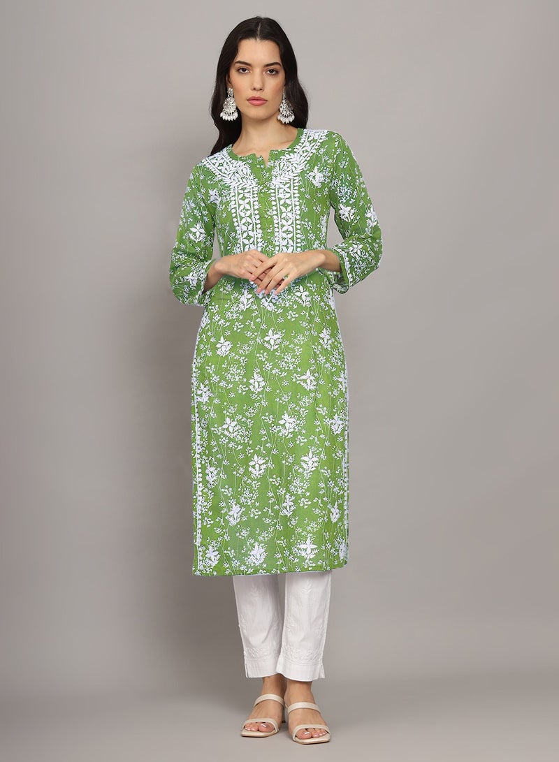 Women Hand Embroidered Chikankari Mulmul Cotton Printed Kurta-AL4041