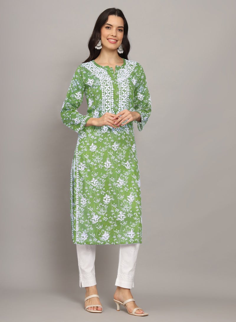 Women Hand Embroidered Chikankari Mulmul Cotton Printed Kurta-AL4041