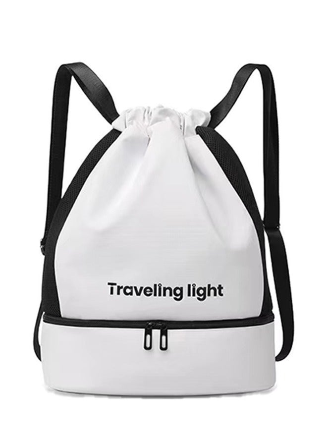 Sports Drawstring Backpack ,Sport Gym Sackpack ,Drawstring Gym Bag ,Mesh Beach Swim Bags ,String Swim Gym Bag with Shoes Compartment and Wet Proof Pocket for Women&Men ,Lightweight,White,One Size