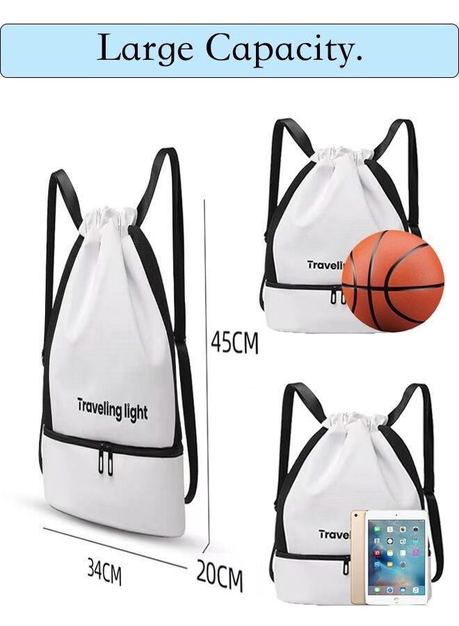 Sports Drawstring Backpack ,Sport Gym Sackpack ,Drawstring Gym Bag ,Mesh Beach Swim Bags ,String Swim Gym Bag with Shoes Compartment and Wet Proof Pocket for Women&Men ,Lightweight,White,One Size