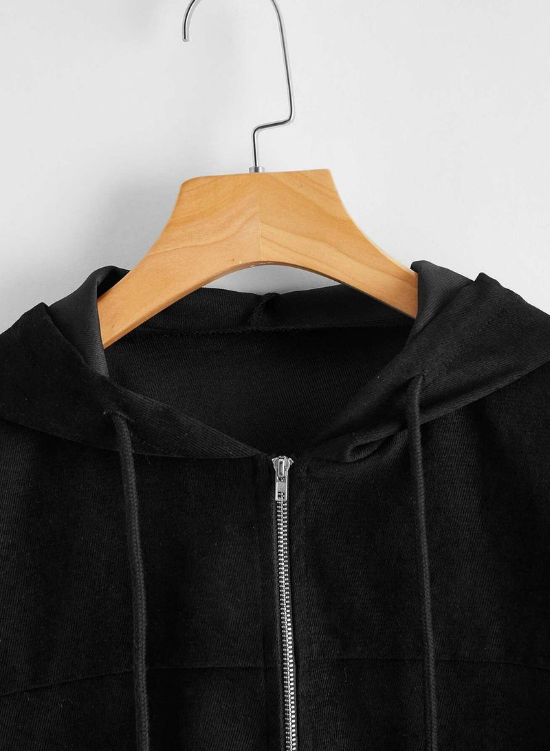 Zip Up Drawstring Hooded Corduroy Jacket