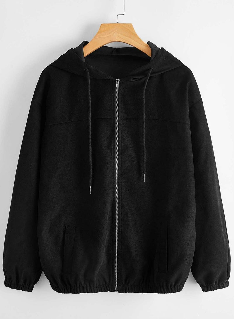 Zip Up Drawstring Hooded Corduroy Jacket