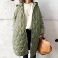 In stock 4-color cross-border popular womens cotton-padded coat 2022 autumn and winter new diamond-shaped plaid hooded cotton-padded coat womens coat Green