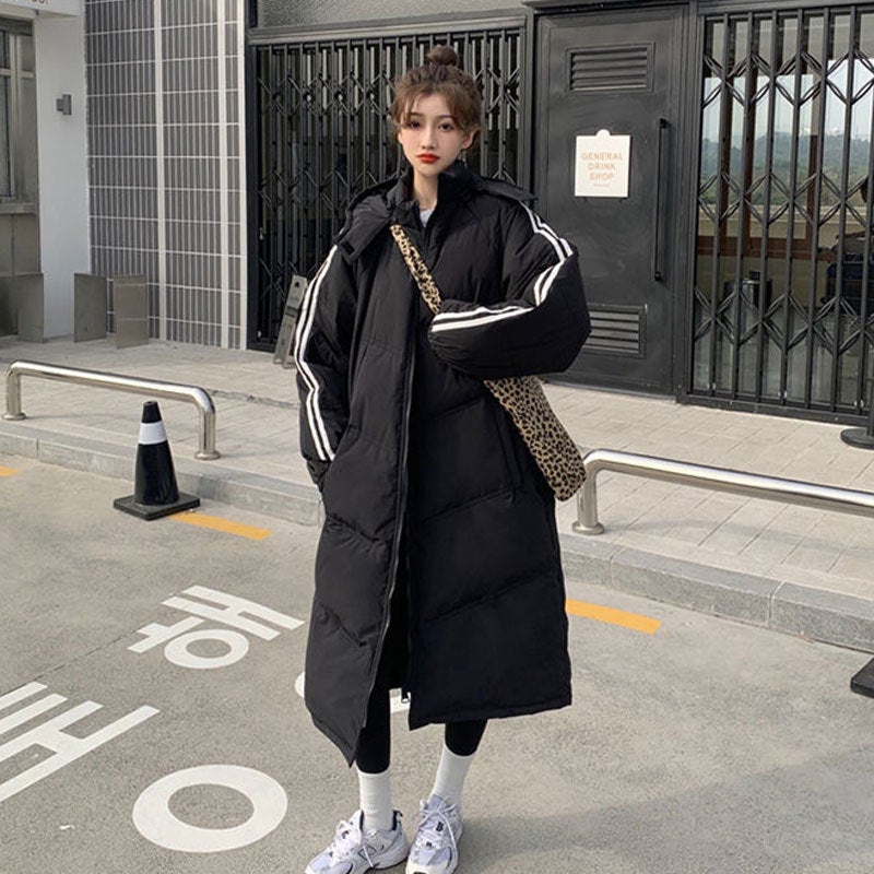 2023 New Winter Cotton Coat Womens Mid-length Korean Style Loose Bread Coat Thickened Down Cotton Coat Black (hat removable)