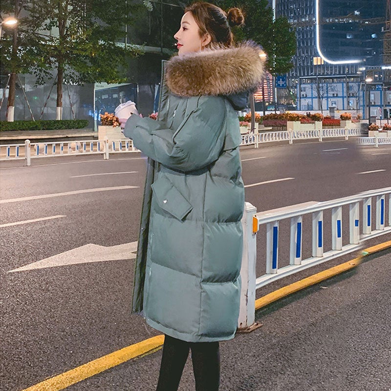 Winter Coat 2024 New Loose Cotton-padded Coat Womens Mid-length Thickened Down Cotton-padded Jacket for Students Korean-style Over-the-knee Cotton-padded CoatPea Green (detachable fur collar) Pea Green (detachable fur collar)