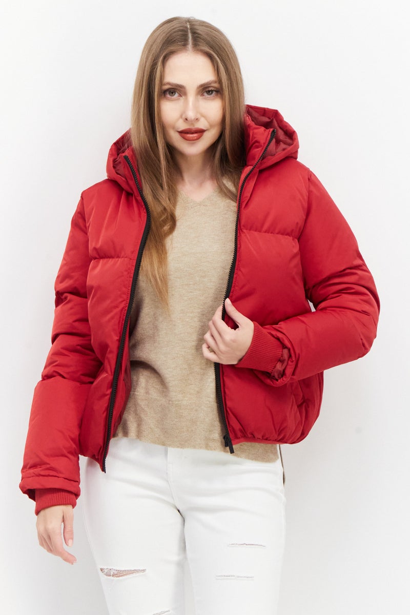 Women Hooded Plain Puffer Jacket, Red