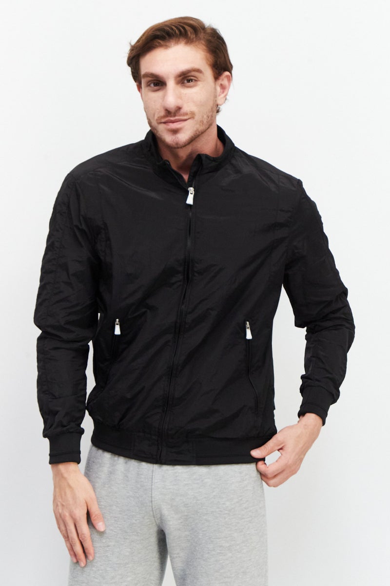 Men Plain High Neck Windbreaker Jacket, Black