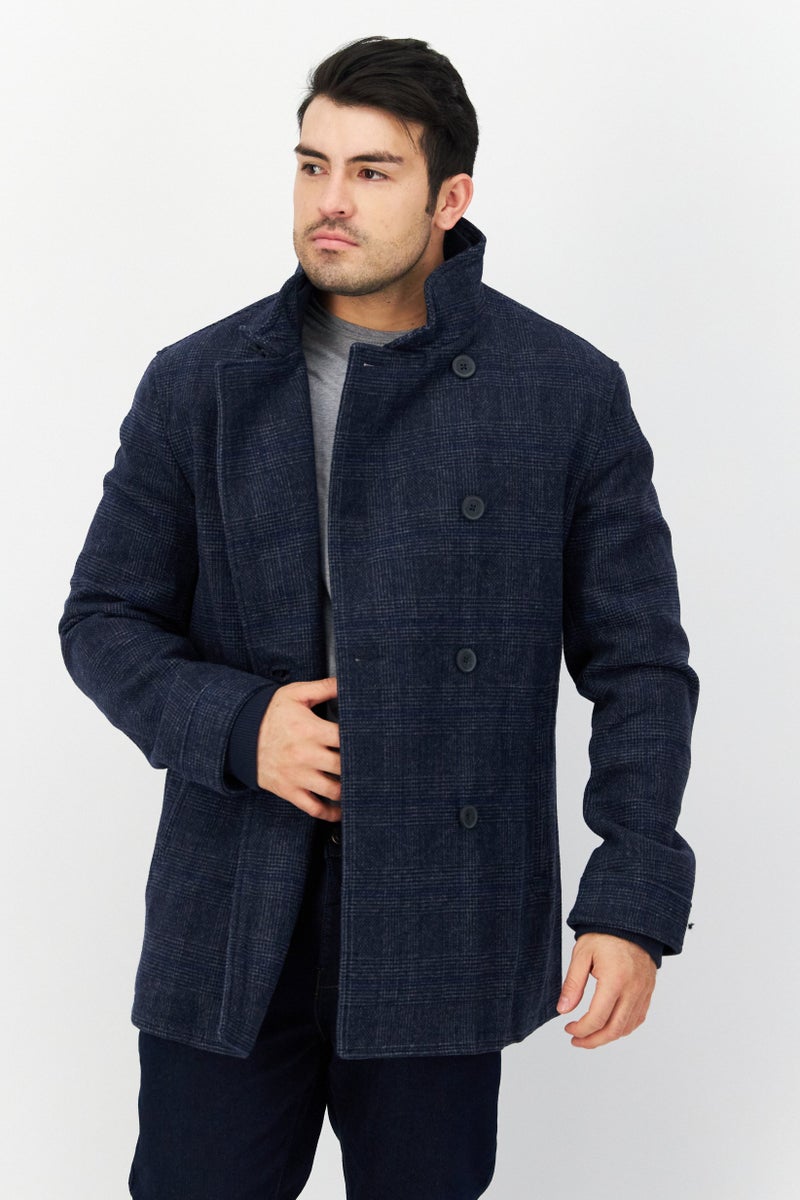 Men Checkered Trench Coat, Navy