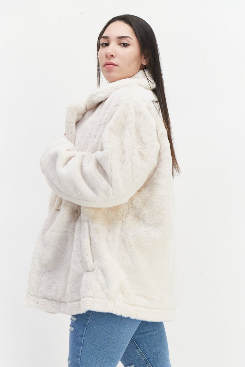 Women Faux Fur Trench Coat, Beige