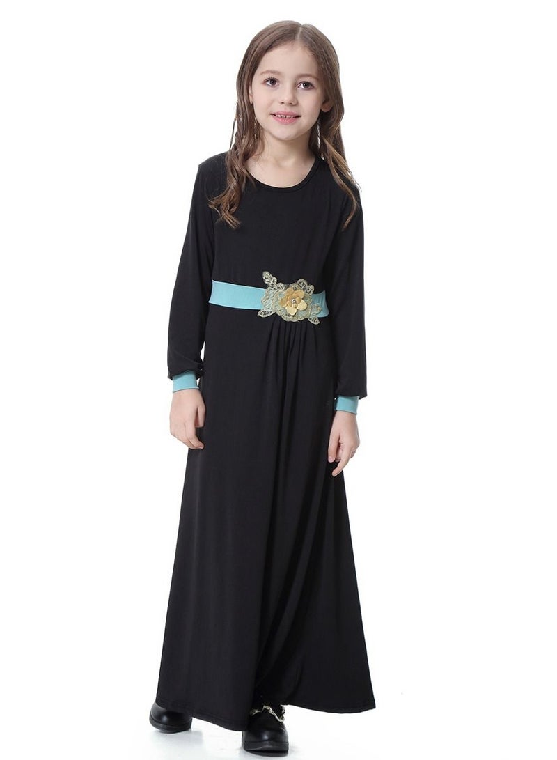 Girl's Round Neck Maxi Dress Robe With Long Sleeves Black