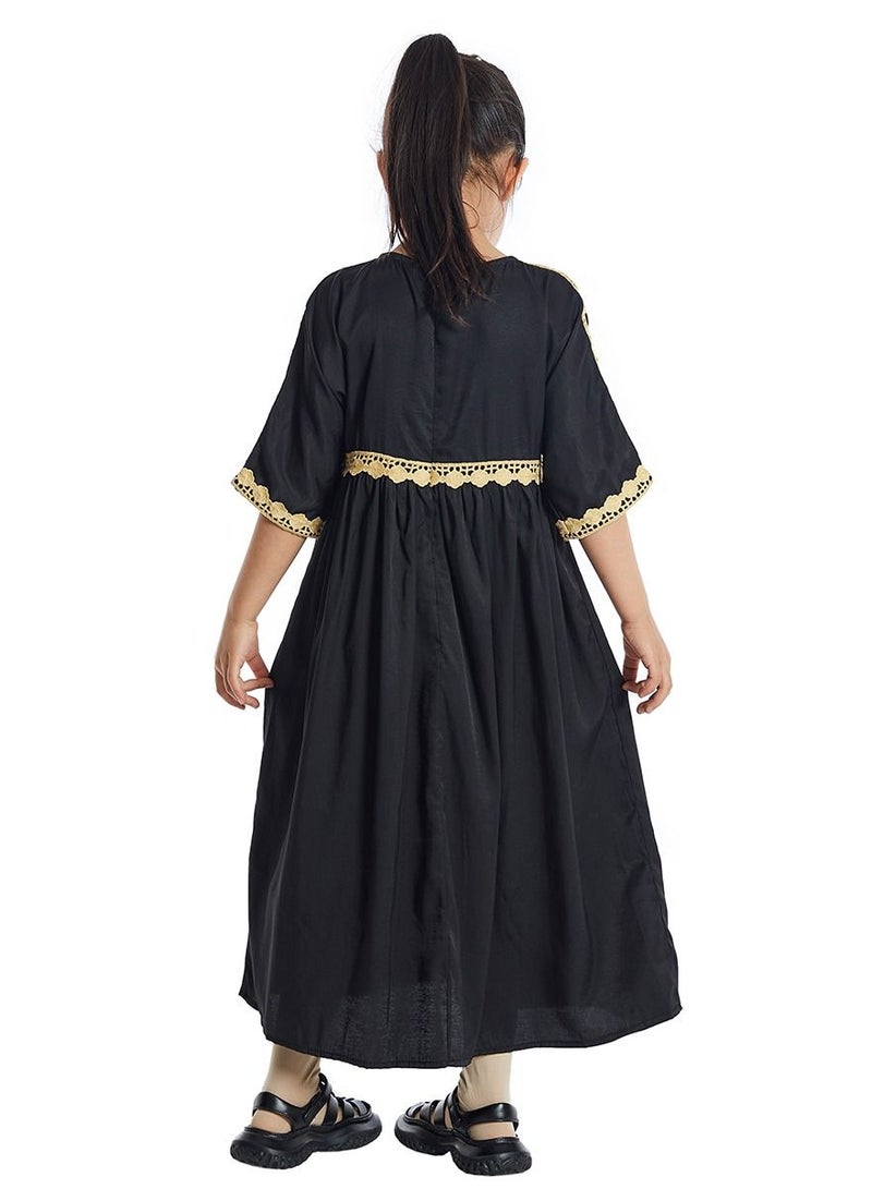 Girl's Mid Sleeve Maxi Long Dress With Lace Black