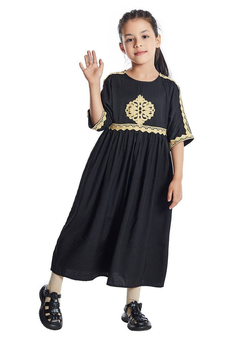 Girl's Mid Sleeve Maxi Long Dress With Lace Black