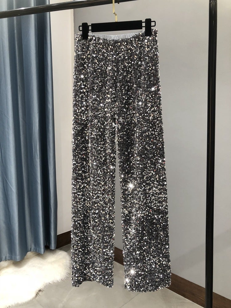 Thickened Sequin Wide-Leg Pants for WomenGray Silver Gray Silver