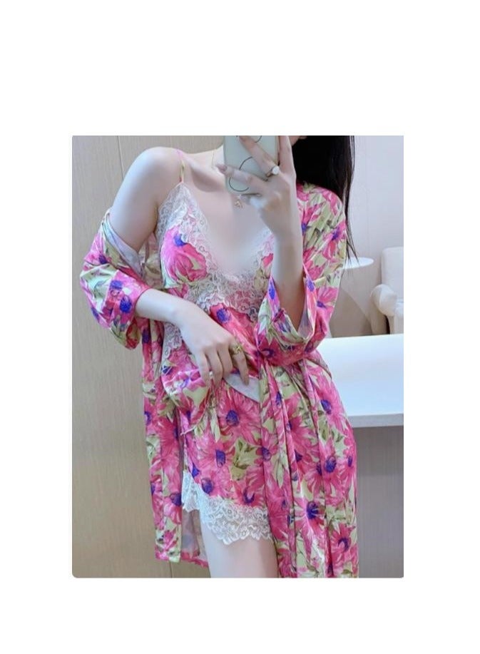 New Fashionable Printed Camisole Sleepwear Women's Thin Ice Silk Nightgown Set