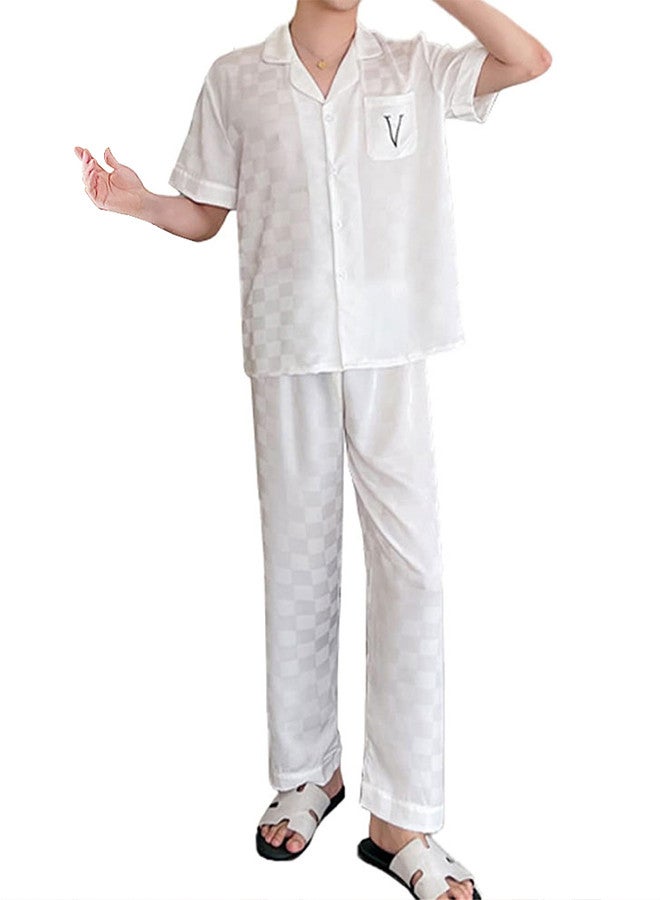 Pajama XXXL Men Pajamas Houndstooth Ice Silk Homewear Sleep Suit Nightwear Short Sleeve Sleepwear White