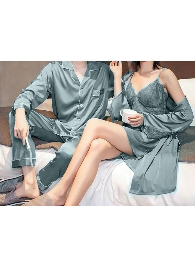 Summer Ice Silk XXL Men Pajamas XXL Women Pajamas Lace Trim Robe Set Home Service Suit Casual Couple Sleepwear Nightwear Cactus Green