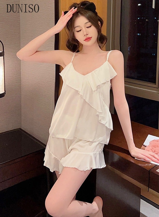 Women's 2pcs Pajama Set Short Sleeve Slip Nightgown Sleepwear Breathable Loungewear Girls Comfortable V Neck Nightwear Summer Home Wear