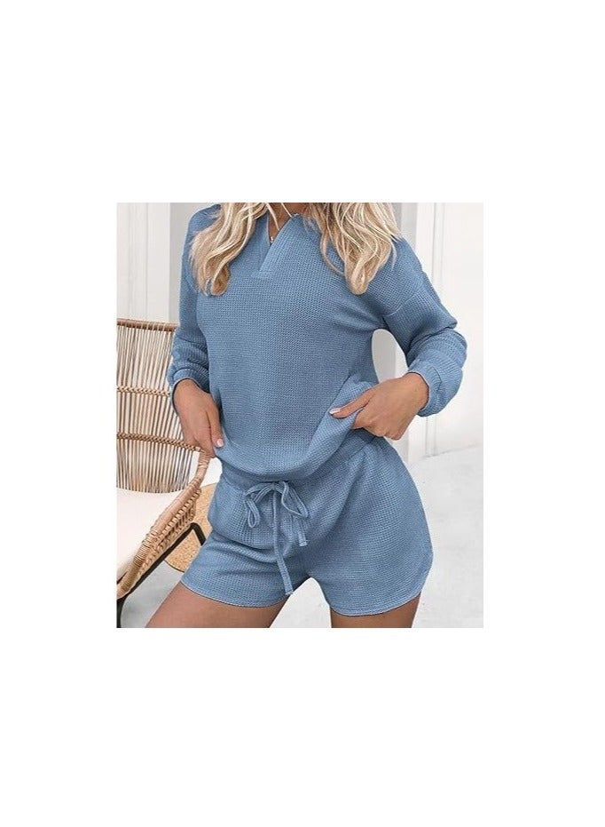 Womens Waffle Knit Pajamas Lounge Set Long Sleeve Top and Shorts 2 Piece Loungewear with Pockets