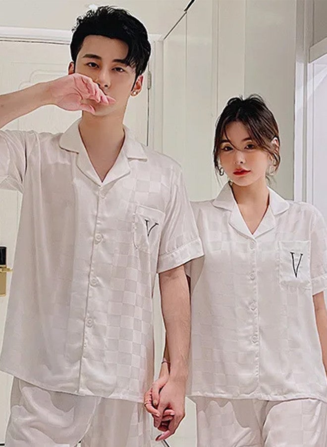 Pajama XXL Men XXL Women Pajamas Houndstooth Ice Silk Homewear Sleep Suit Nightwear Short Sleeve Sleepwear White