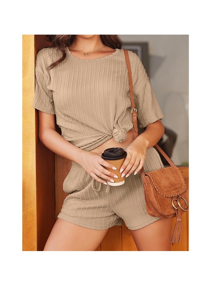 Women's 2 Piece Lounge Sets Ribbed Knit Matching Outfits T-shirt and Shorts Sets Sleepwear Loungewear Casual Pajamas