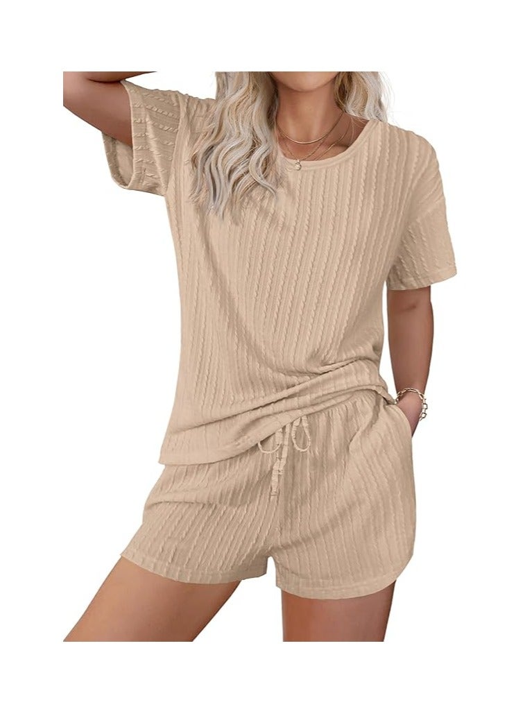 Women's 2 Piece Lounge Sets Ribbed Knit Matching Outfits T-shirt and Shorts Sets Sleepwear Loungewear Casual Pajamas