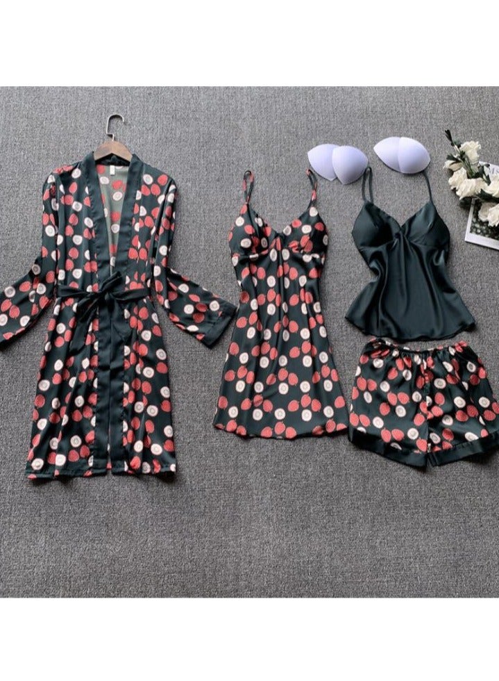 Spring And Summer Feminine Ice Silk Pajamas Four-Piece Set With Suspenders And Long Sleeves